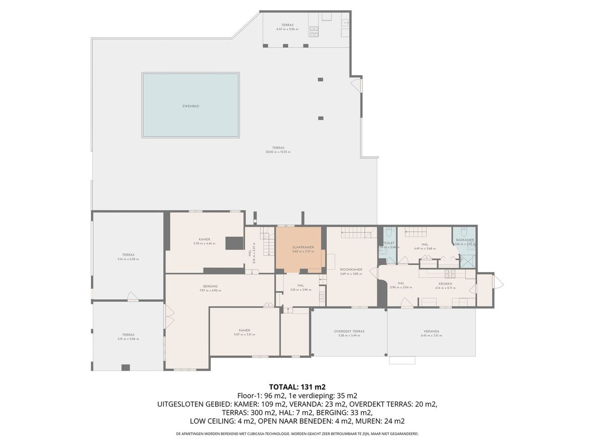 Floor plan of an apartment with multiple rooms, terraces, and a swimming pool area.