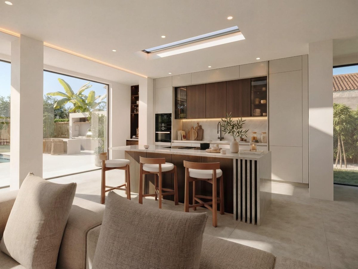 Modern kitchen with a large island, bar stools, sleek cabinetry, skylight, and a view of a tropical outdoor space with a pool.