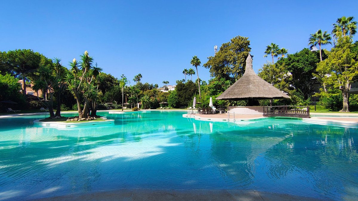 A large, turquoise swimming pool with a thatched-roof bar and tropical trees under a clear blue sky.