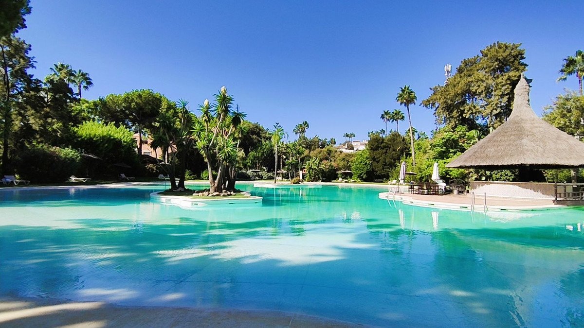 A large, clear turquoise swimming pool with a thatched-roof bar in the center, surrounded by lush tropical trees under a clear blue sky.
