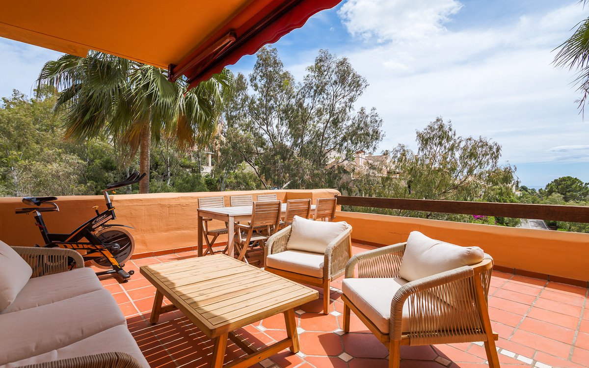 Sunlit balcony with wicker furniture, table, and exercise bike, overlooking trees and sea.