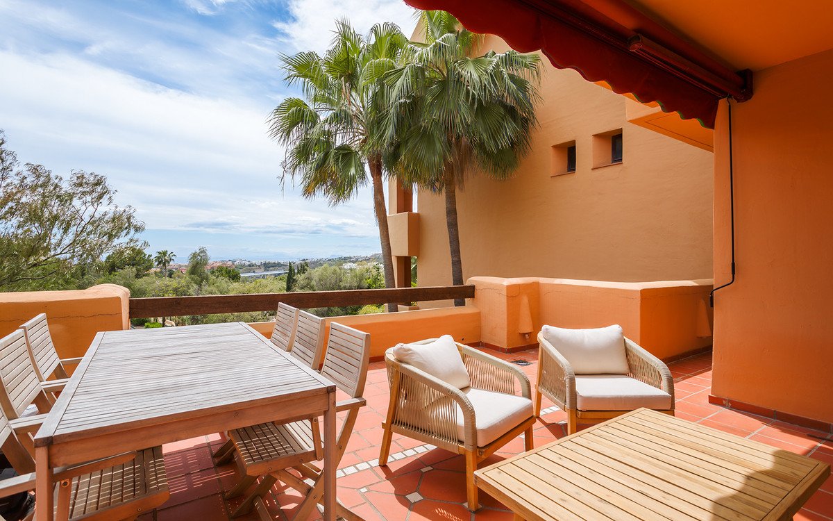 Sunlit terrace with wooden table, chairs, and wicker seating, overlooking palm trees and distant sea view.
