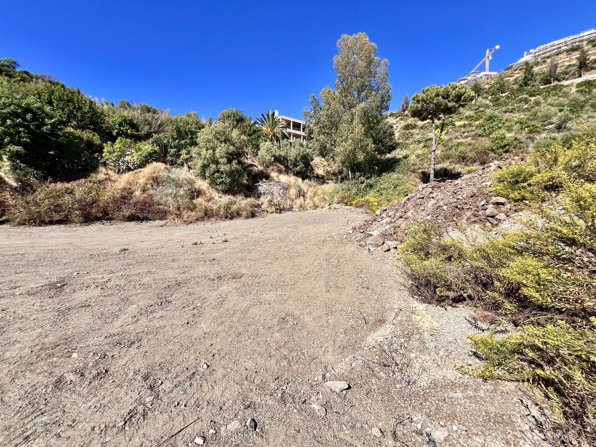Unfinished lot with dirt ground, surrounded by greenery and trees under a clear blue sky.
