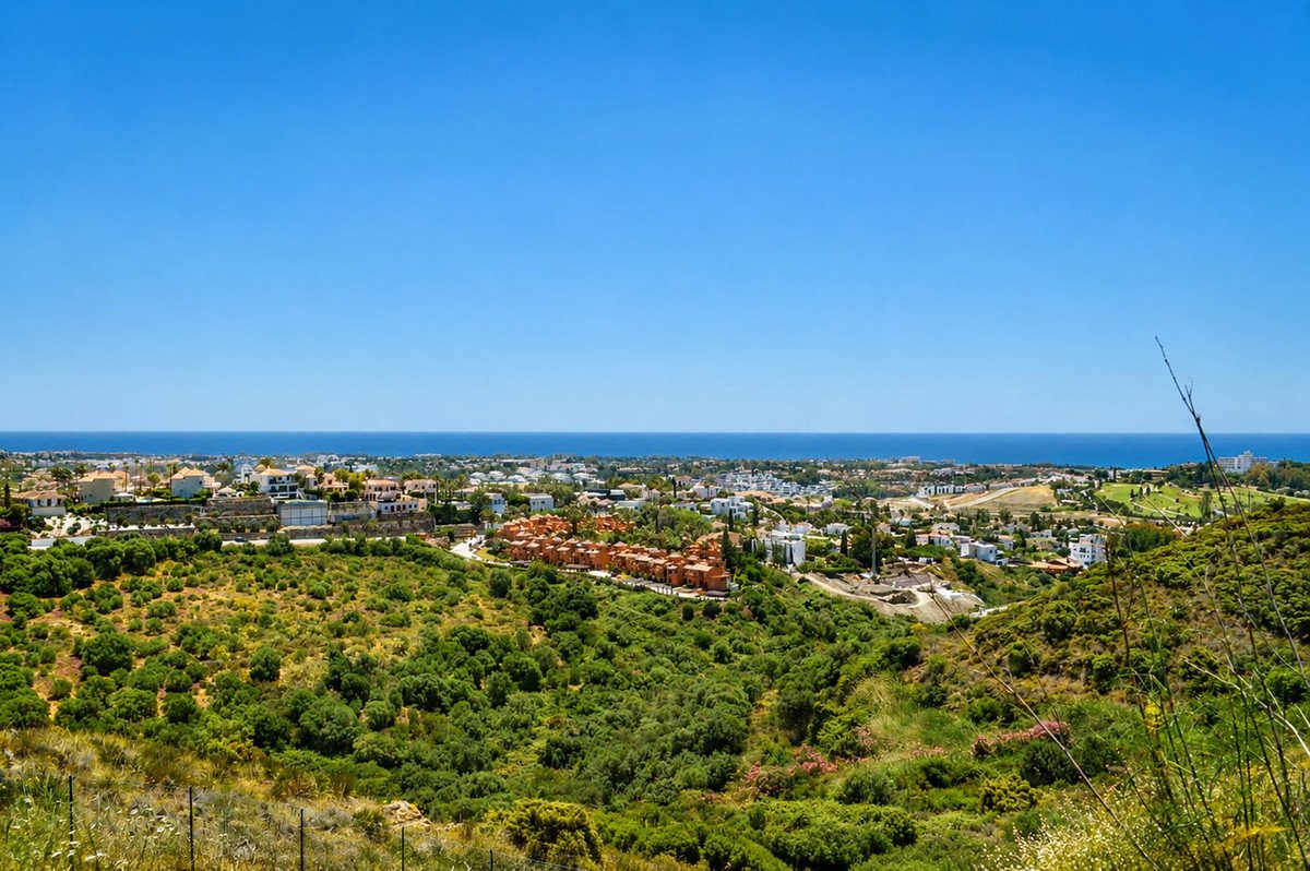 Panoramic view of coastal town from hillside, showcasing lush greenery and blue sea under clear sky.