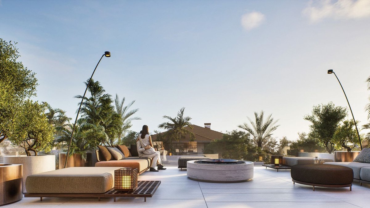 Rooftop terrace with modern lounge, fire pit, palm trees, and city views.