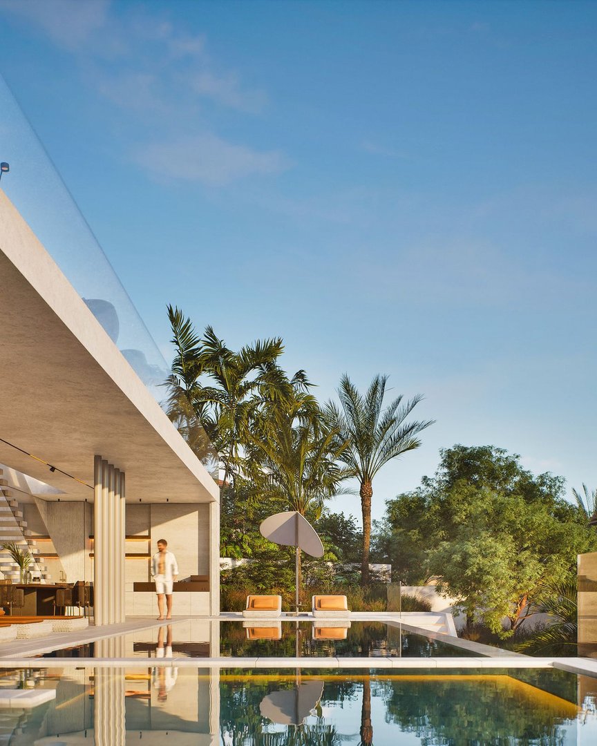 Modern villa with infinity pool, palm trees, and lounge chairs under a clear blue sky.