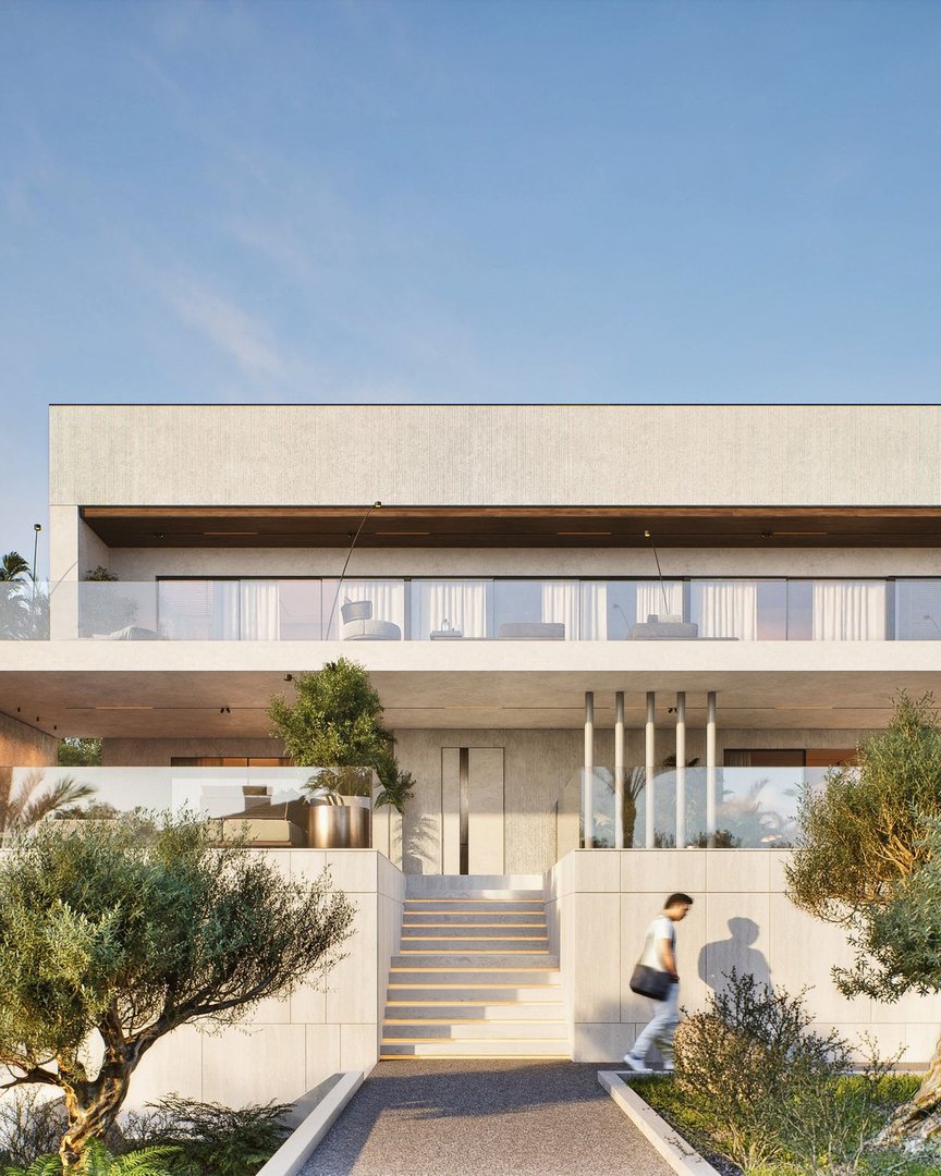 Modern villa with glass railings, outdoor seating, and a staircase leading to a sunlit entrance.