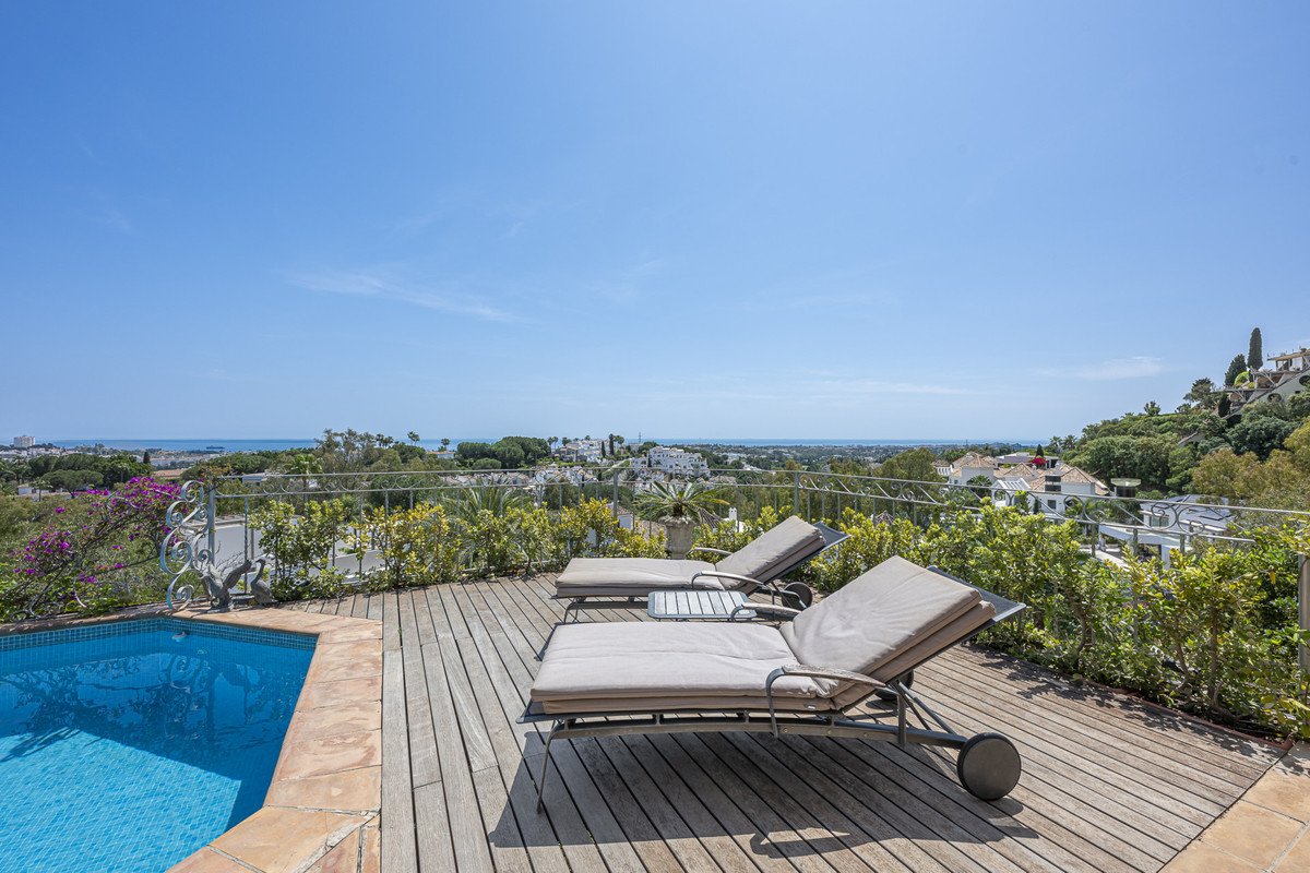Balcony with pool and scenic sea view