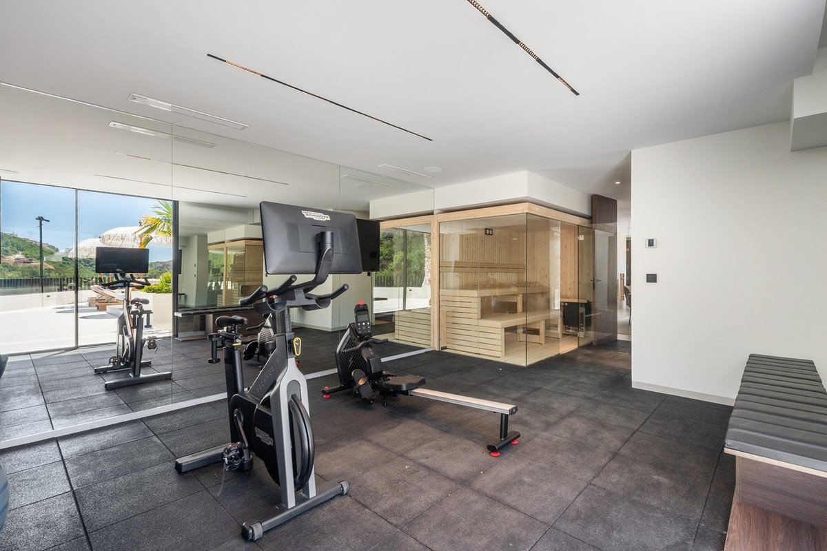 Modern gym with exercise bikes, rowing machine, and sauna, overlooking outdoor area through large windows.