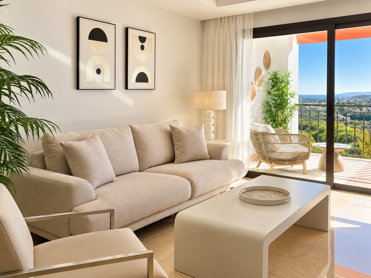 Modern living room with a beige sofa and coffee table, opening onto a balcony with sea views and rattan furniture.
