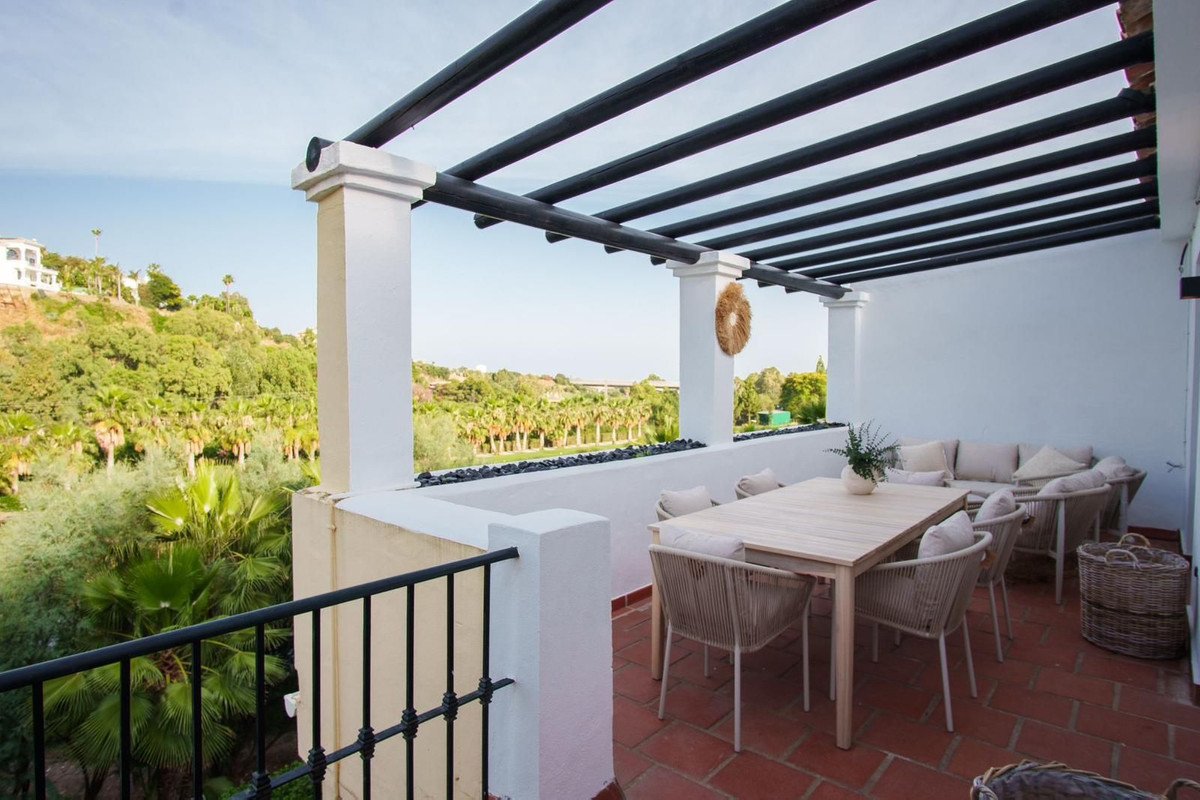Outdoor dining terrace with wooden table, chairs, and palm tree views
