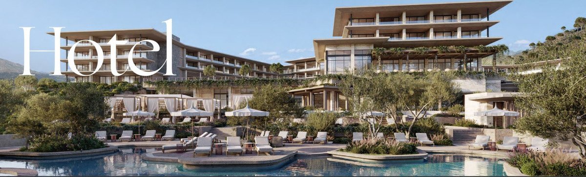 A luxurious hotel resort with a large swimming pool, lounge chairs, umbrellas, and cabanas surrounded by lush greenery.