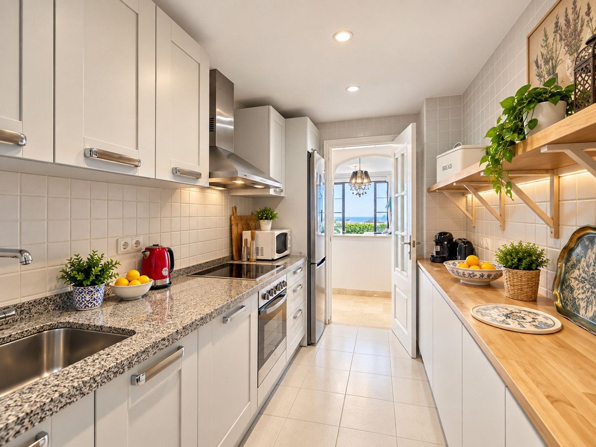 Modern white kitchen with granite countertops, ocean view through arched doorway, and wooden shelves with plants.