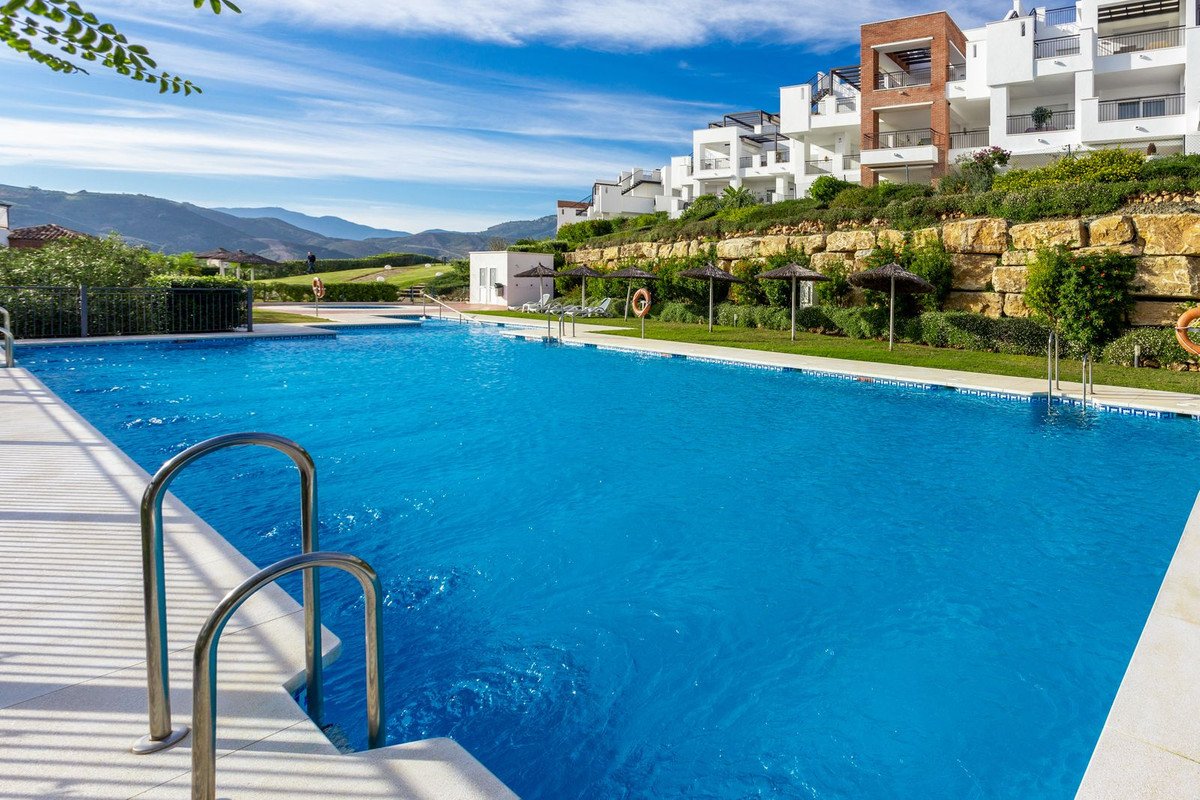 Large blue swimming pool with stairs, surrounded by green grass and modern apartments on a hillside.