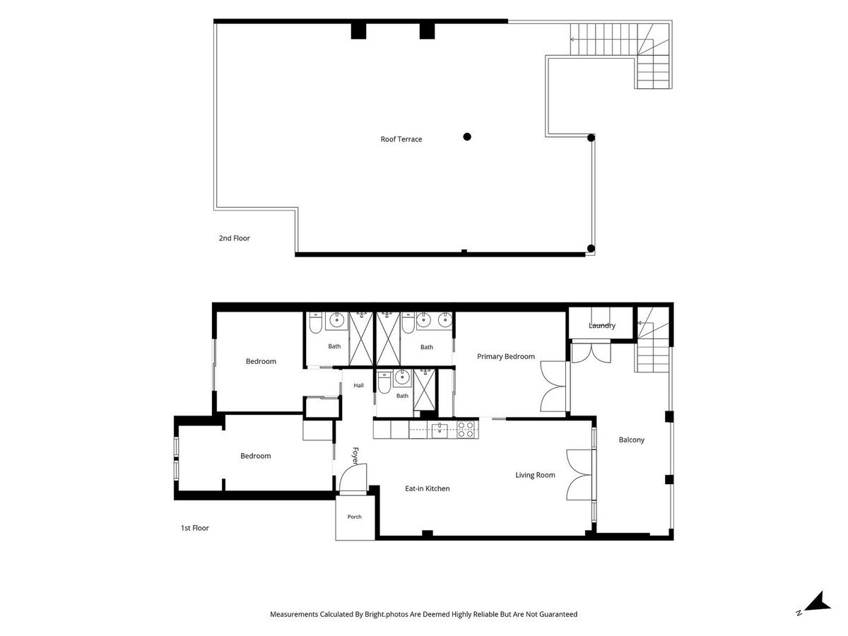 Floor plan showing 1st and 2nd floors with bedrooms, living room, kitchen, bathrooms, balcony, and roof terrace.