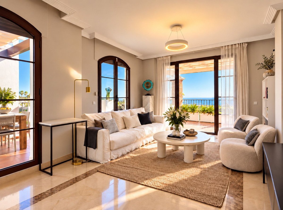 Spacious living room with a large sofa, coffee table, and two armchairs, opening to a terrace with a beautiful ocean view.