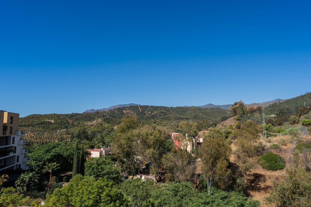 A scenic view from a balcony showing lush green trees, hills, and mountains under a clear blue sky.