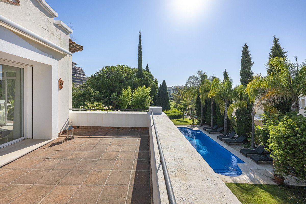 Spacious tiled terrace overlooking a long blue swimming pool, loungers, and lush green gardens with palm trees.