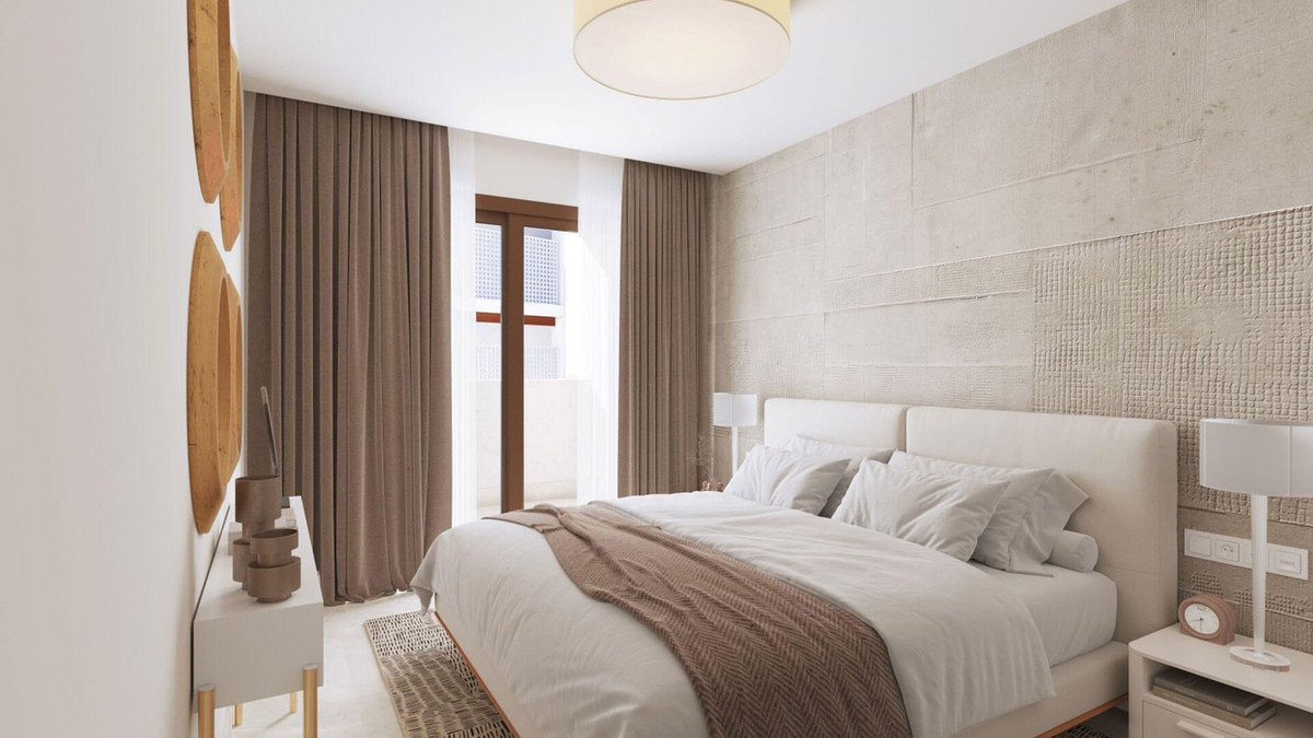 Moderne slaapkamer interieur met textuur muur en zachte kleuren.