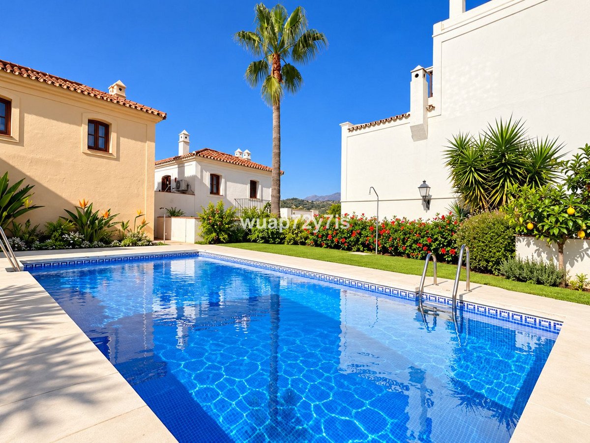Sparkling blue swimming pool in a lush tropical garden with a palm tree and Mediterranean-style villas.