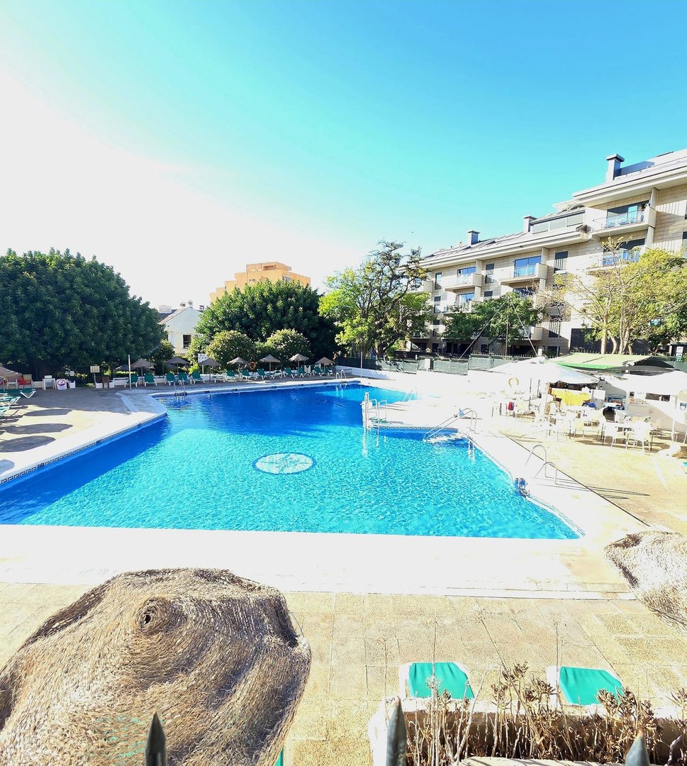Large blue swimming pool at a resort with lounge chairs and umbrellas, surrounded by trees and buildings under a clear blue sky.