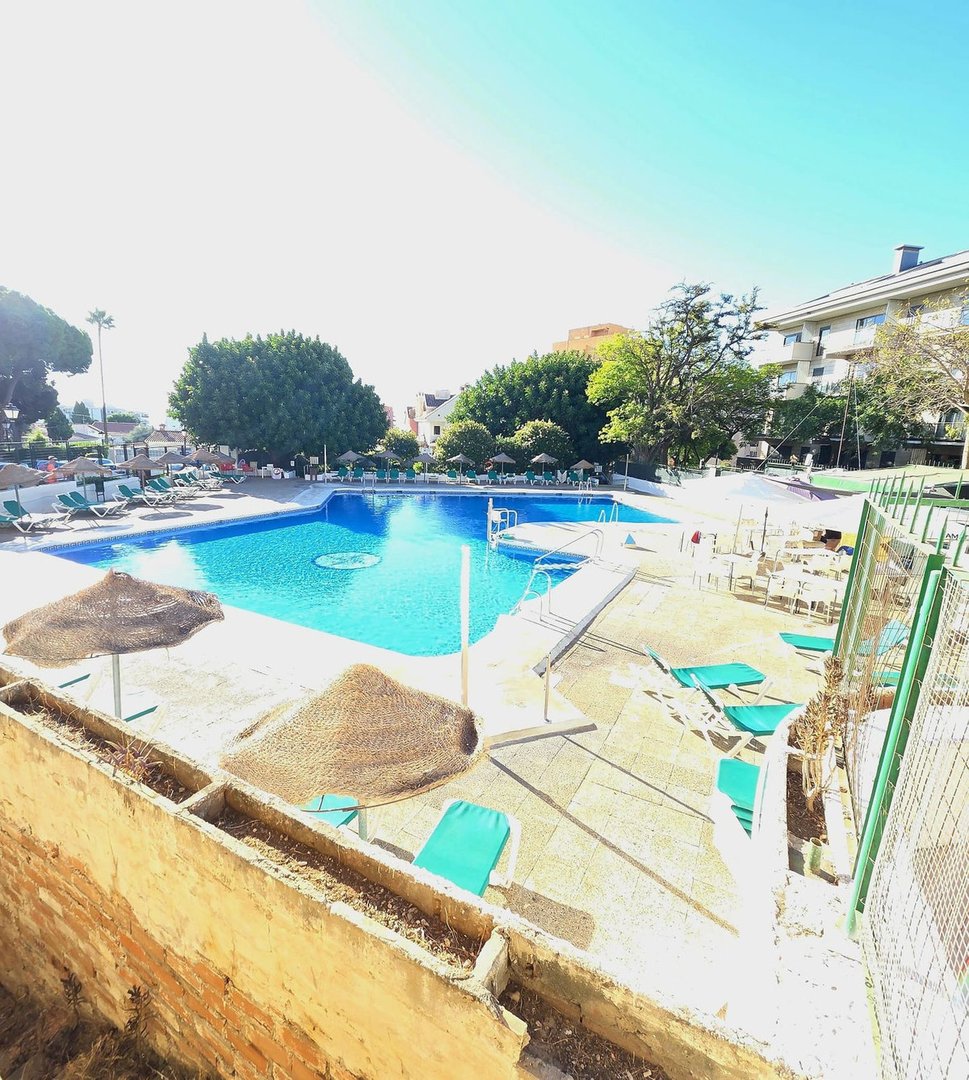 A bright, sunny outdoor pool area with lounge chairs and umbrellas, surrounded by trees and buildings.