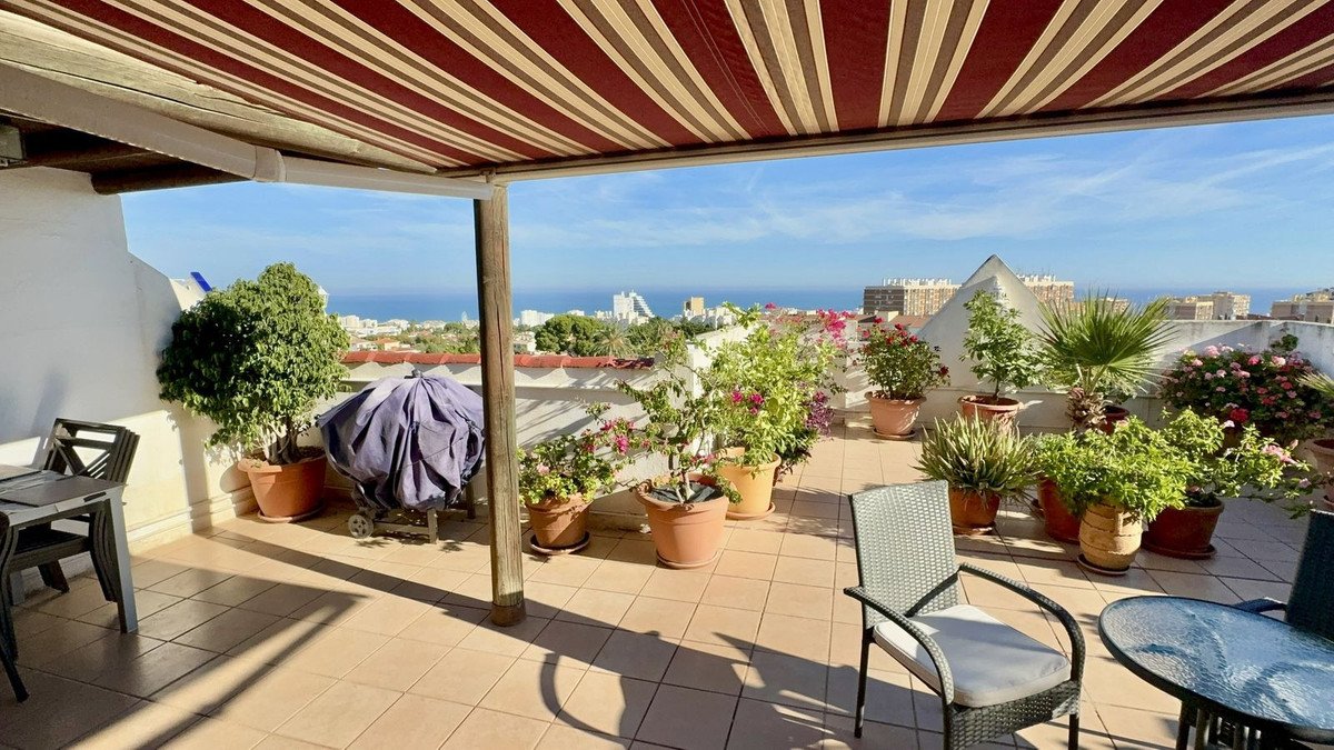 A sunny terrace with potted plants, furniture, and a view of the sea and cityscape under a striped awning.