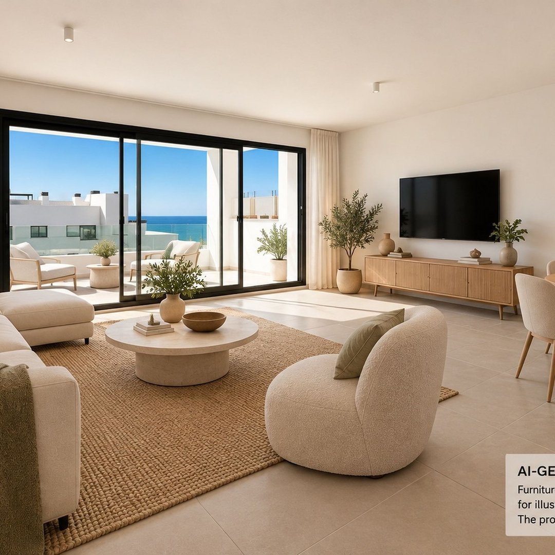 Modern living room with sea view balcony, comfortable seating, and TV area.