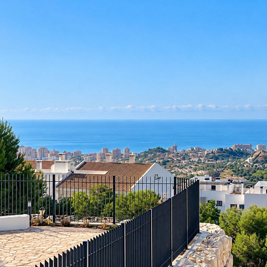 Panoramic sea view from a terrace overlooking a coastal town with Mediterranean architecture and clear blue sky.