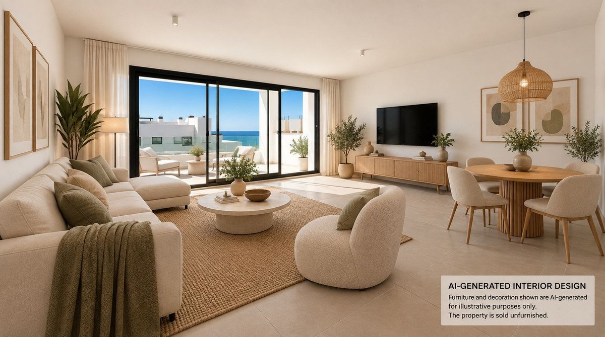 Spacious living and dining area with a modern sectional sofa, dining table, and large sliding doors opening to a balcony with a sea view.