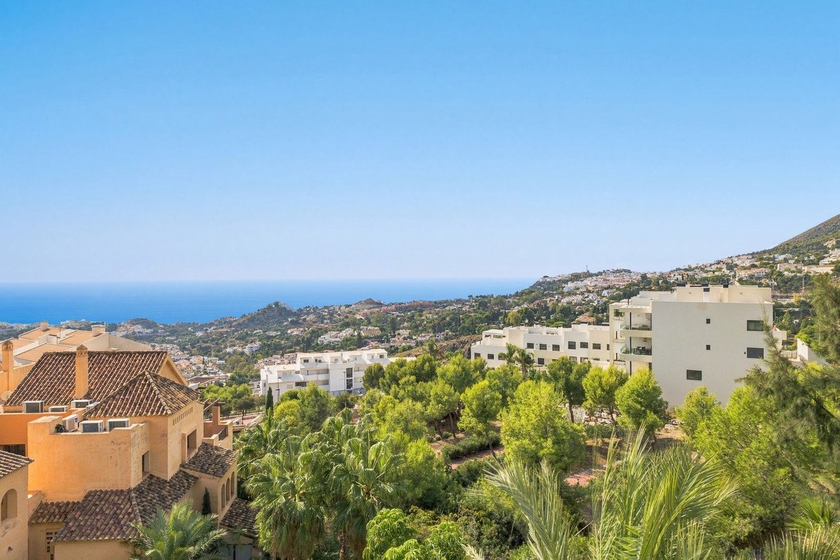 Apartment buildings with a view of the sea and lush green trees under a clear blue sky.