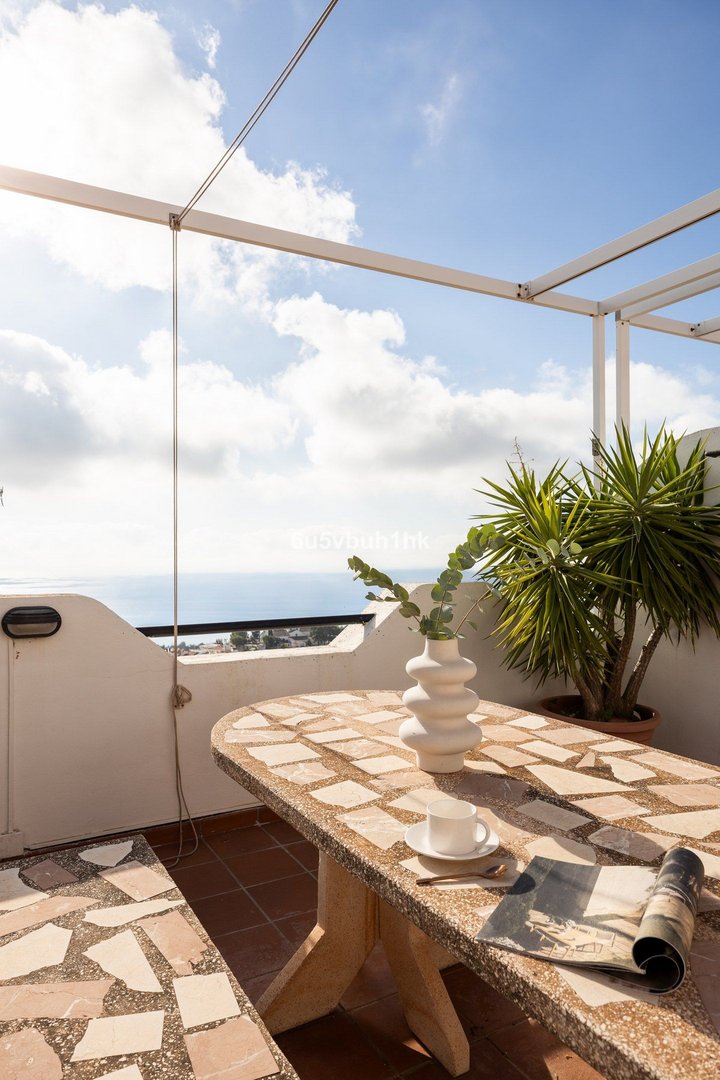 Outdoor terrace with ocean view, dining table, and potted plants under pergola
