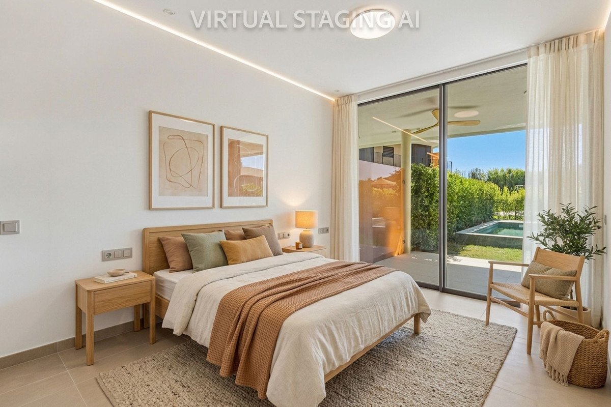 Modern bedroom with a king-size bed, large window overlooking a private pool and garden, featuring minimalist decor.