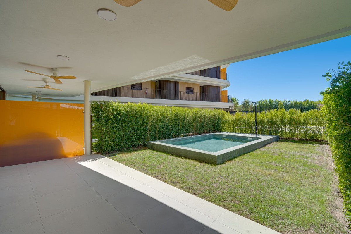 A private garden patio with a small plunge pool and lush green hedges, adjacent to a modern building.