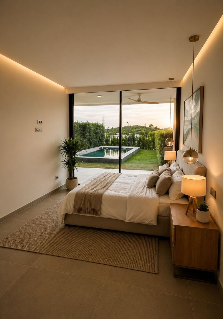 Modern bedroom with a king-size bed, large window overlooking a private pool and garden, ambient lighting.