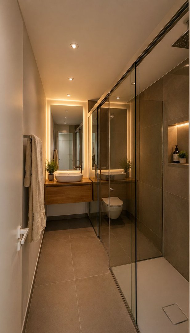 A modern bathroom featuring a sleek vanity with a vessel sink, a glass-enclosed shower, and ambient lighting.