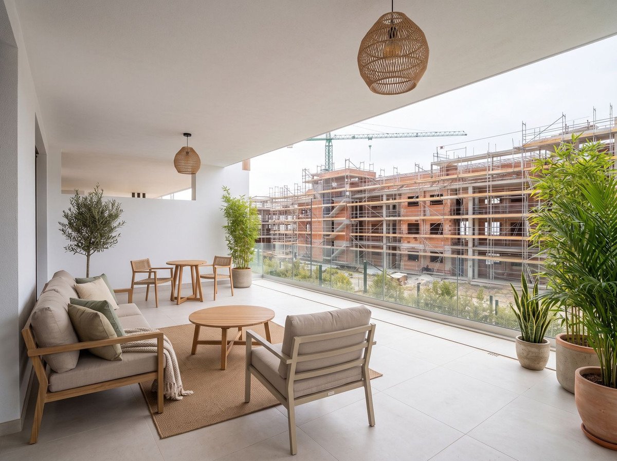 Modern terrace with outdoor furniture, plants, and a view of a building under construction.