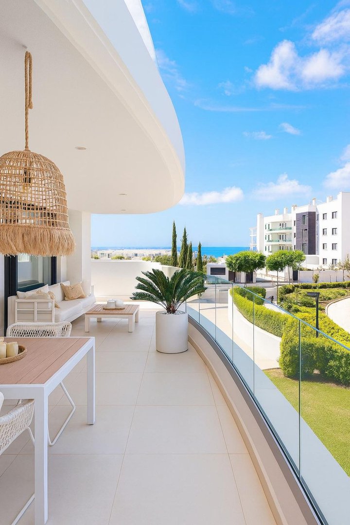 Modern balcony with outdoor seating, white sofa, coffee table, dining set, and a view of the sea and buildings.