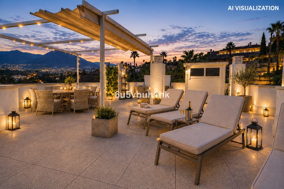 Rooftop terrace lounge area with chaise lounges, dining table, and city lights view at sunset.