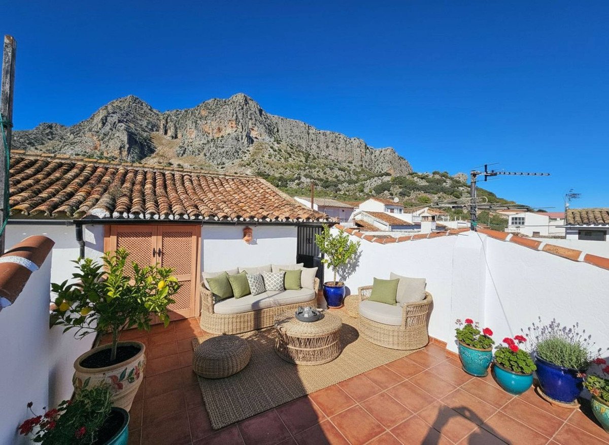 Rooftop terrace with wicker furniture, potted plants, and a stunning mountain view under a clear blue sky.