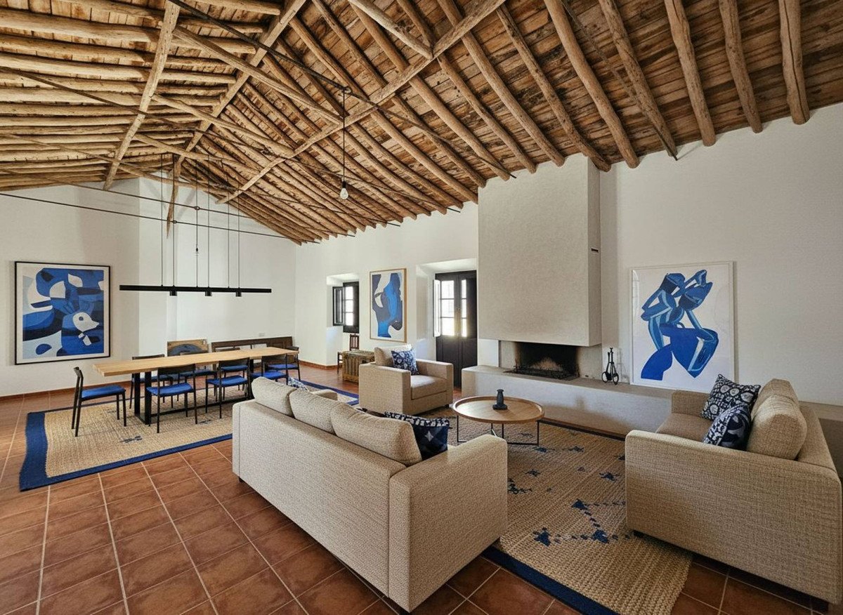 Spacious living and dining room with rustic wooden ceiling, modern fireplace, comfortable sofas, and abstract blue art.