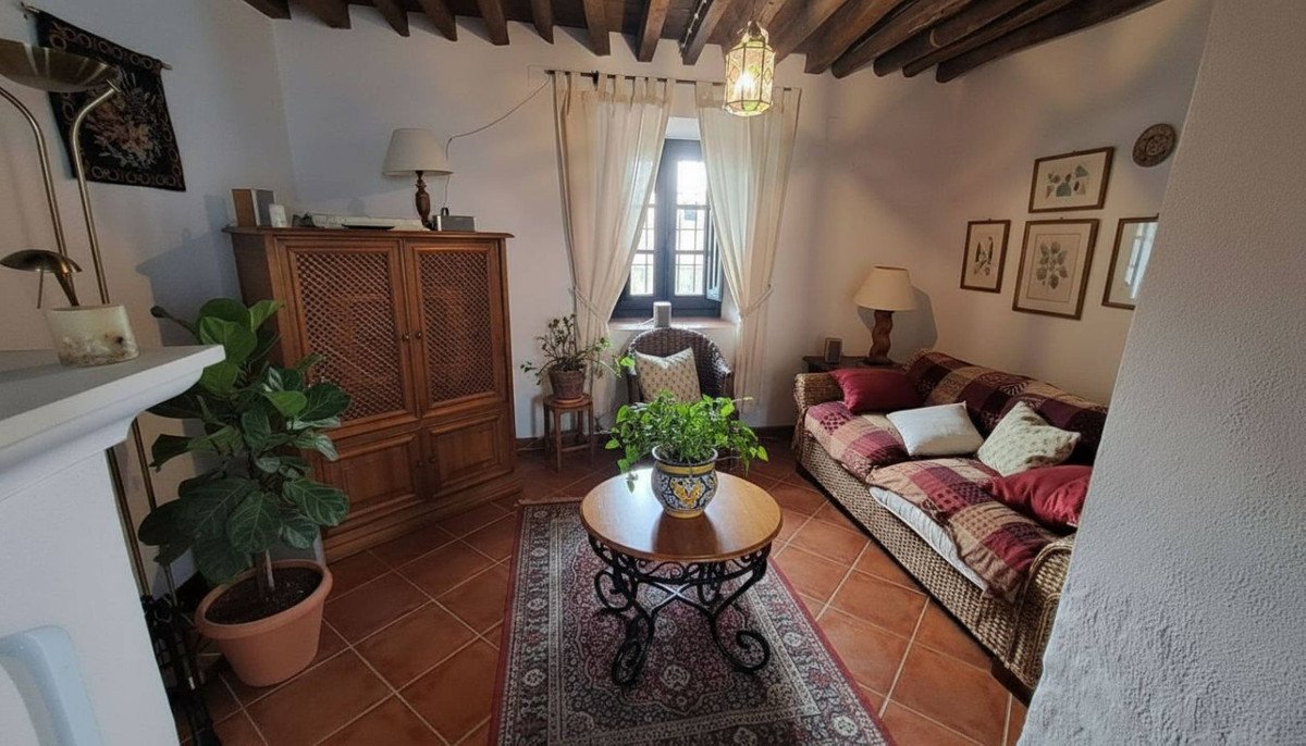 Traditional living room with a plaid sofa, rustic cabinet, round coffee table, and a fireplace. Cozy seating area with plants.