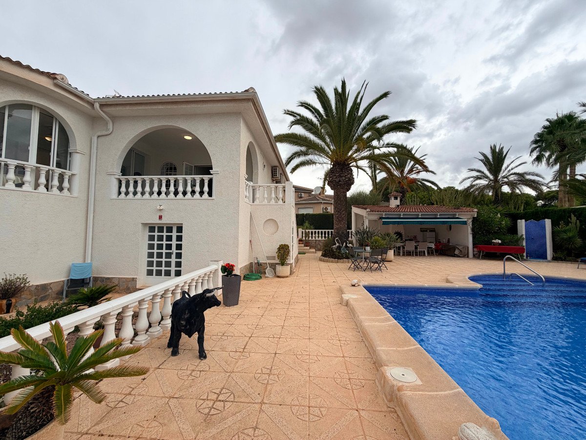 A spacious villa with a large swimming pool, palm trees, and an outdoor covered dining area.