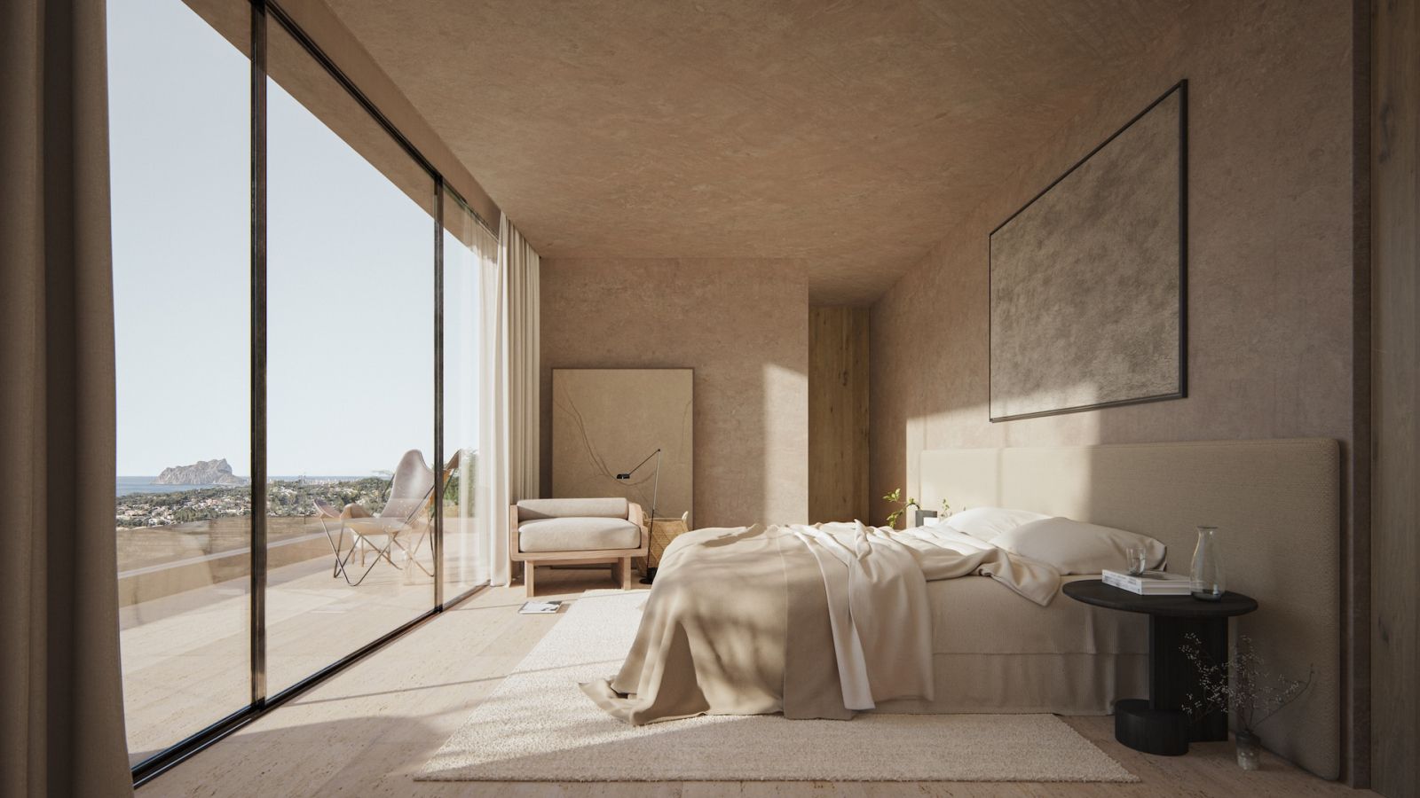 Luxe slaapkamer met uitzicht op zee en balkon