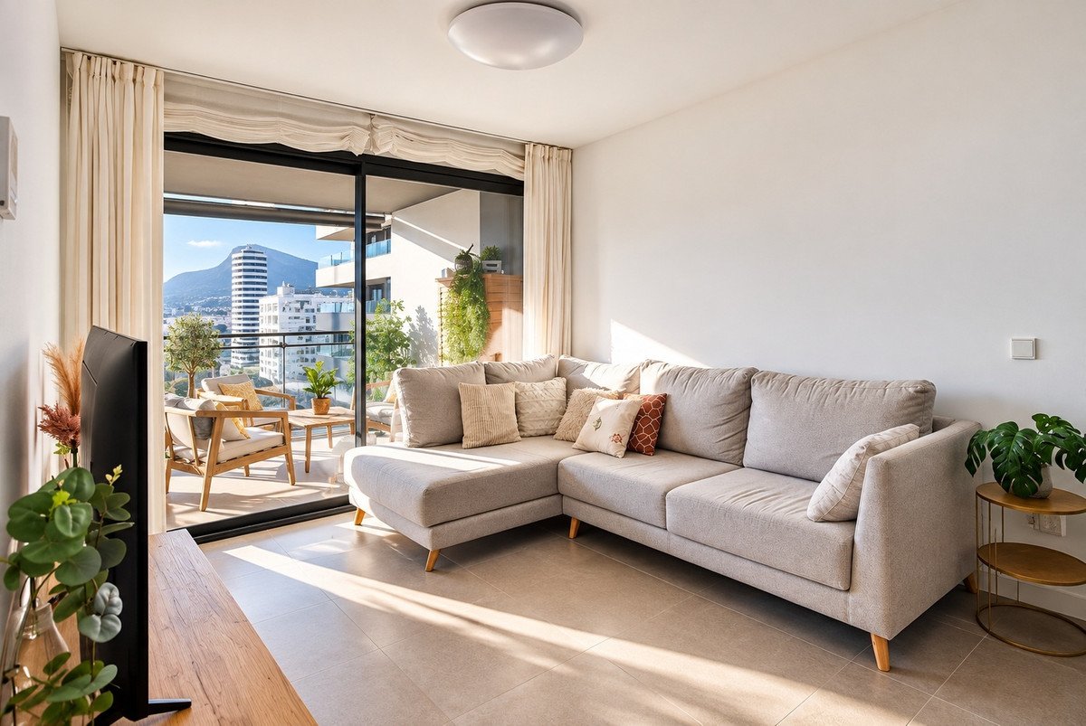 Modern living room with a sectional sofa, large sliding glass doors opening to a balcony with city and mountain views.