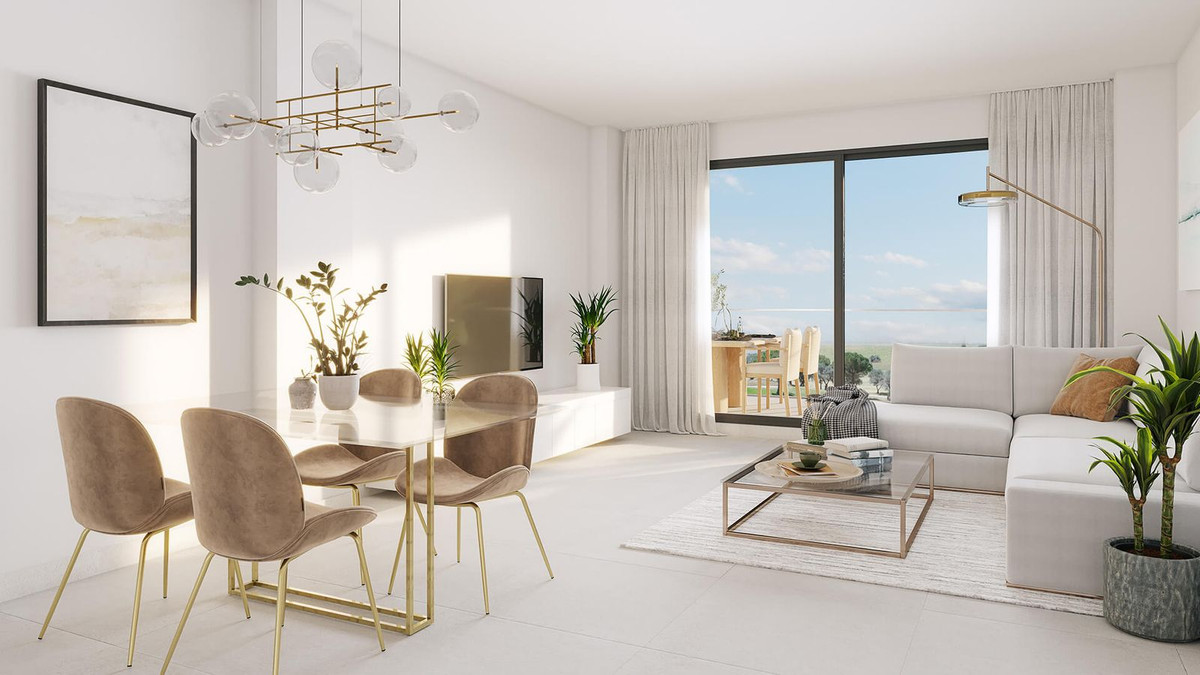 Modern appartement interieur met eettafel, woonkamer en uitzicht