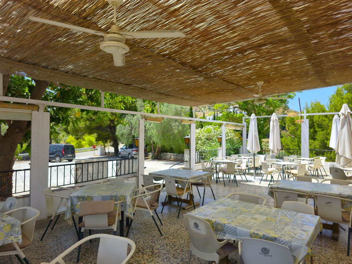 Overdekt terras van een openluchtrestaurant met tafels en stoelen.