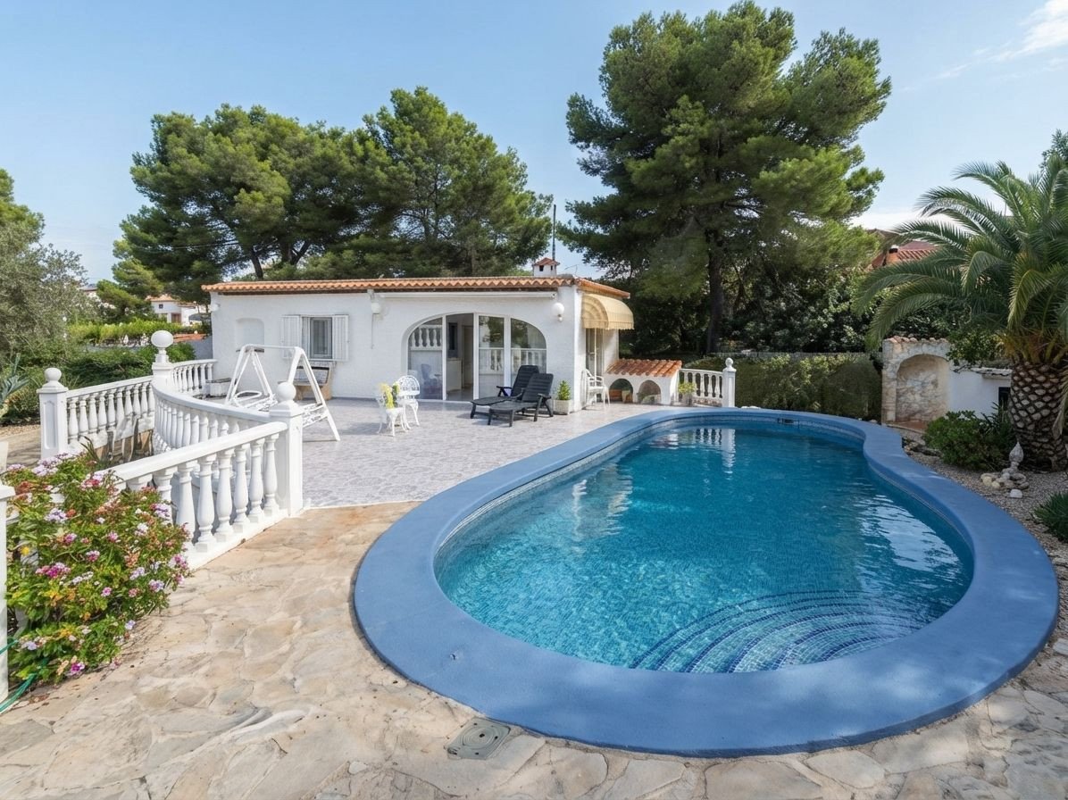 A villa with a private swimming pool, a patio area with loungers, and a garden with palm trees.