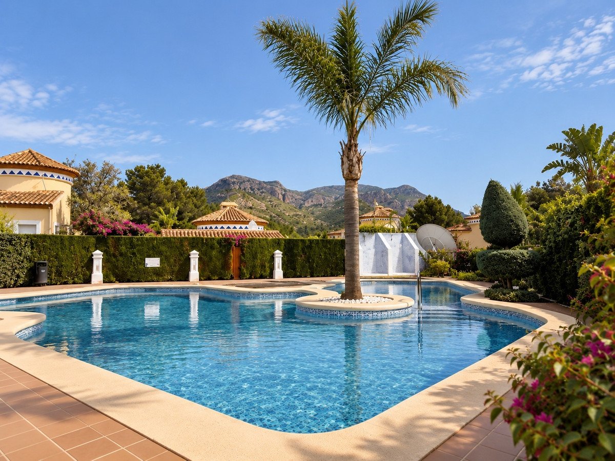 Outdoor swimming pool with a palm tree in the center, surrounded by manicured hedges and overlooking a mountain range.