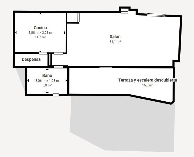 Plattegrond met keuken, woonkamer, badkamer, berging en terras met verborgen trap.